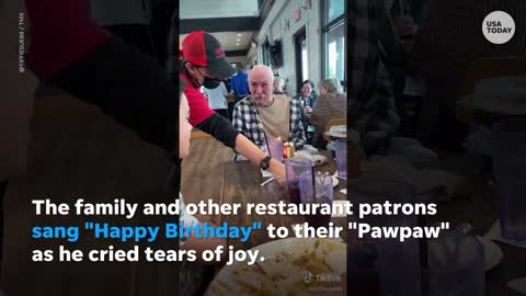 Great-grandpa gets emotional celebrating his 85th birthday