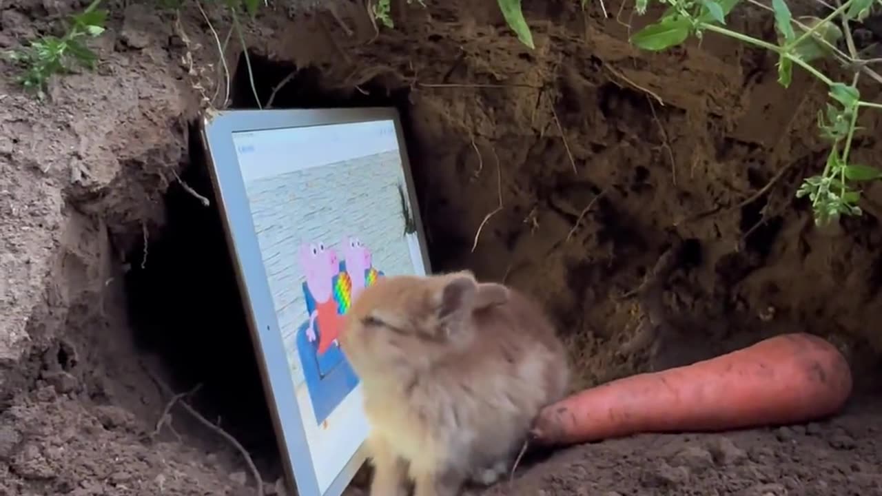 The little bunny is watching TV at home.