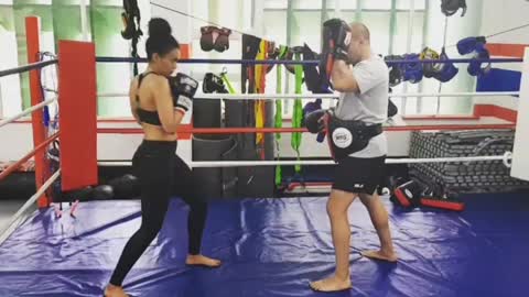 Pearl Thusi learning some Muay Thai basics.