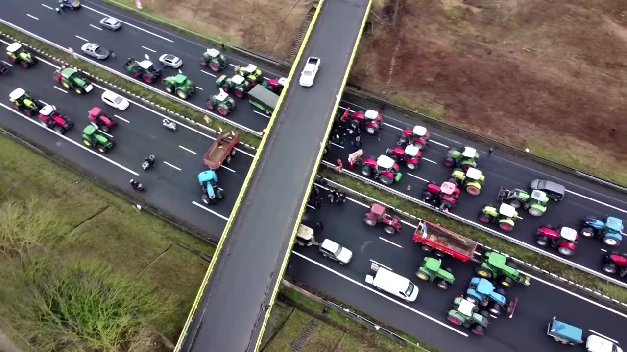 Drone video shows French farmers' highway blockade