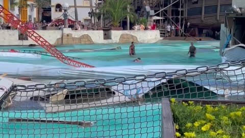 Aquatic pirate attraction at theme park collapses