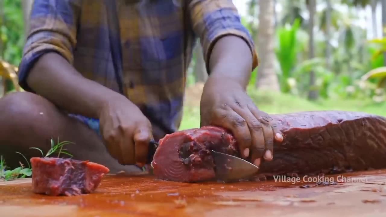 200 Pounds BIG TUNA FISH | Tuna Fish Cutting and Cooking in Village | Tuna Fish Steak Recipe