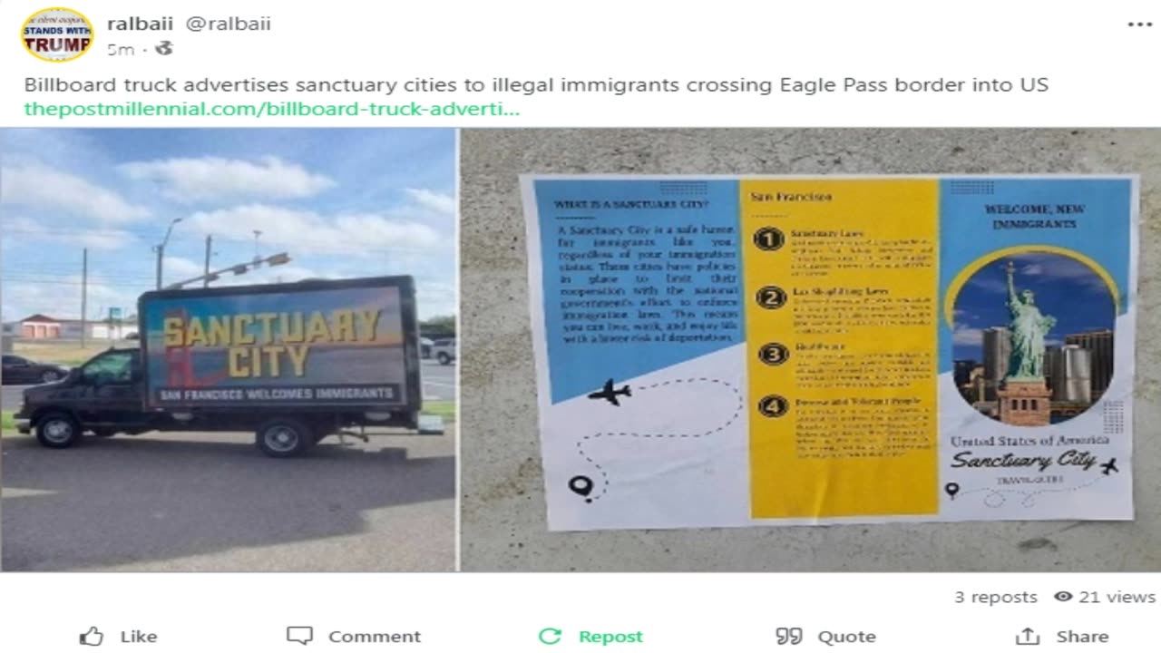 gab - billboard truck advertises sanctuary cities to illegal immigrants crossing eagle pass