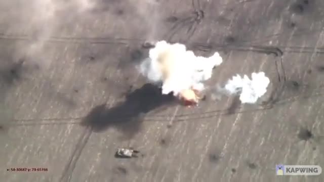 The Russian tank exploded from a direct hit of Ukrainian artillery near Izyum.