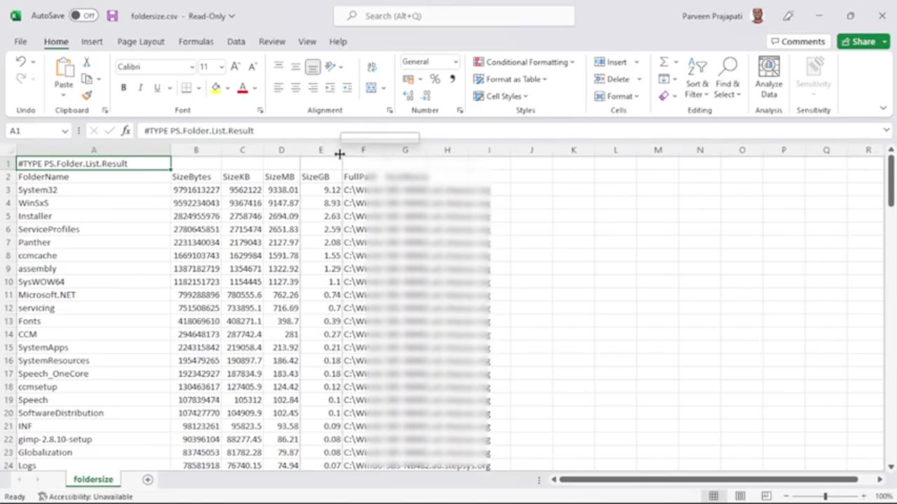 How do I check the size of a folder in PowerShell