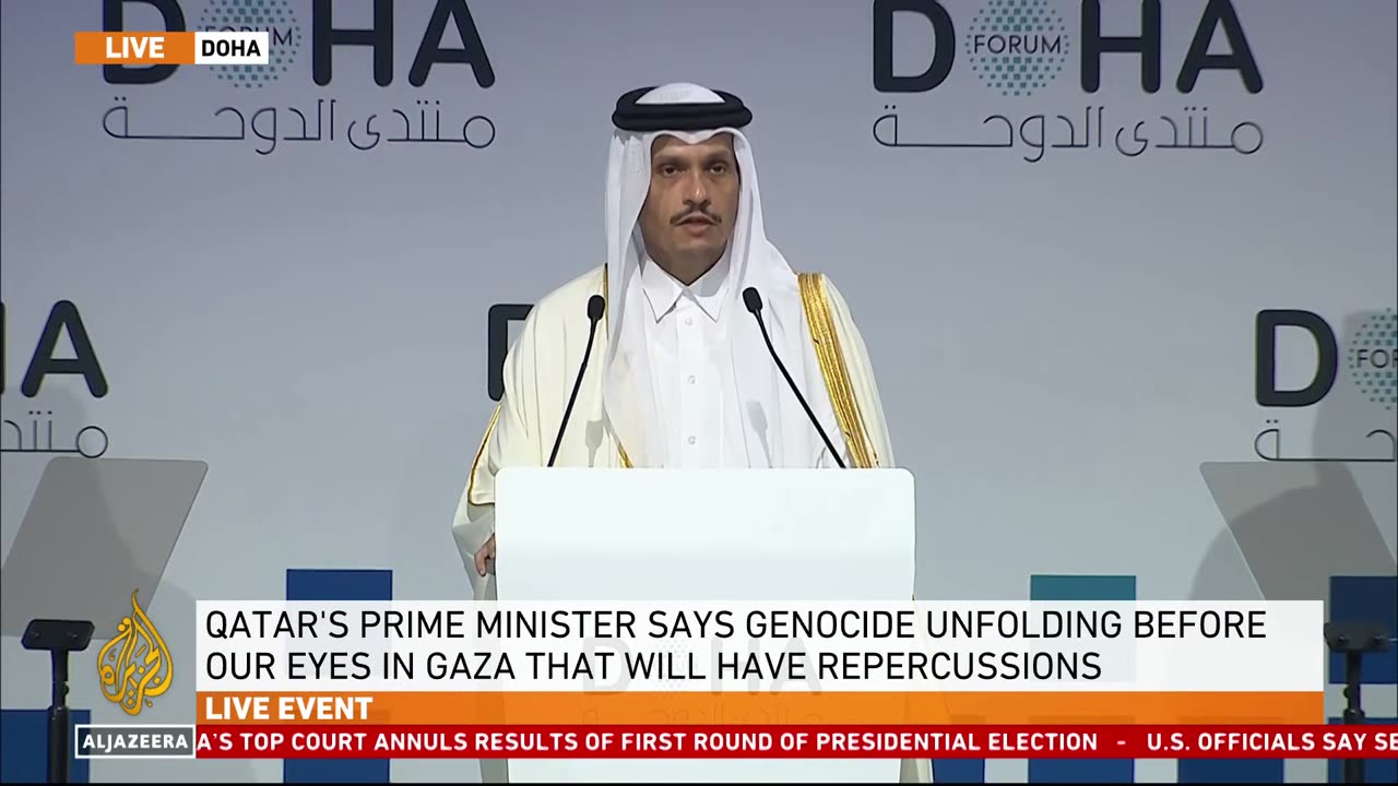 Qatar’s Prime Minister says genocide unfolding before our eyes in Gaza that will have repercussions