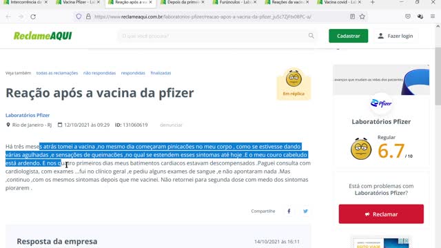 Casos registrados no ReclameAqui sobre vacina Pfizer