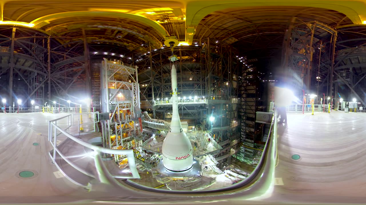 A 360-degree look at the Artemis I Orion Spacecraft lift on to the Space Launch System rocket