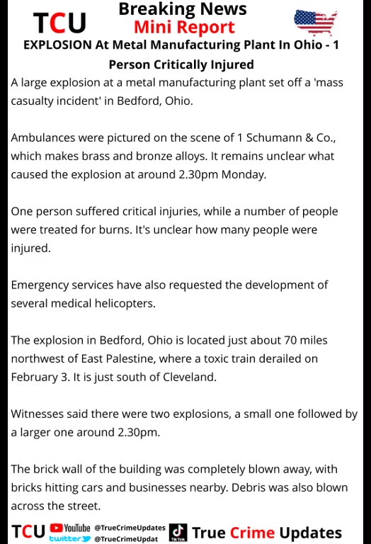 EXPLOSION At Metal Manufacturing Plant In Ohio - 1 Person Critically Injured
