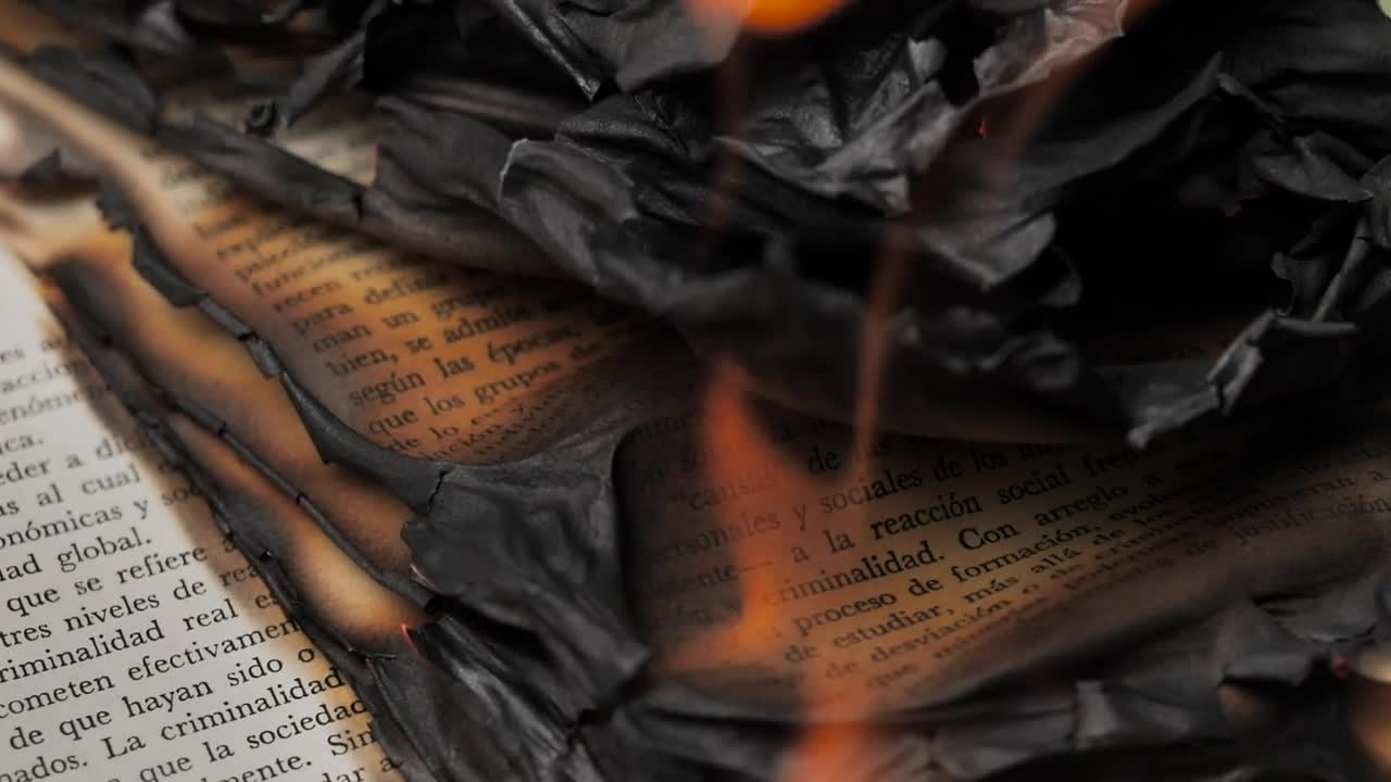 Flames burning the pages of a book, close up view