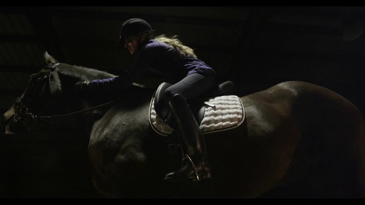 woman in english riding gear petting her horse