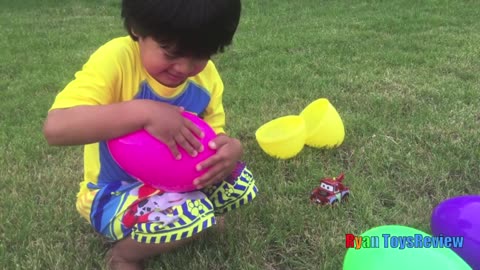 HUGE EGGS Surprise Toys Challenge with Inflatable water slide
