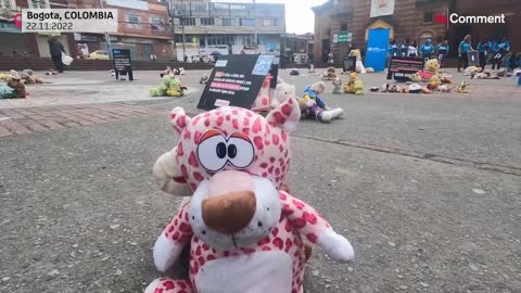 Hundreds of toys displayed in a Bogota square to highlight sexual abuse in Colombia