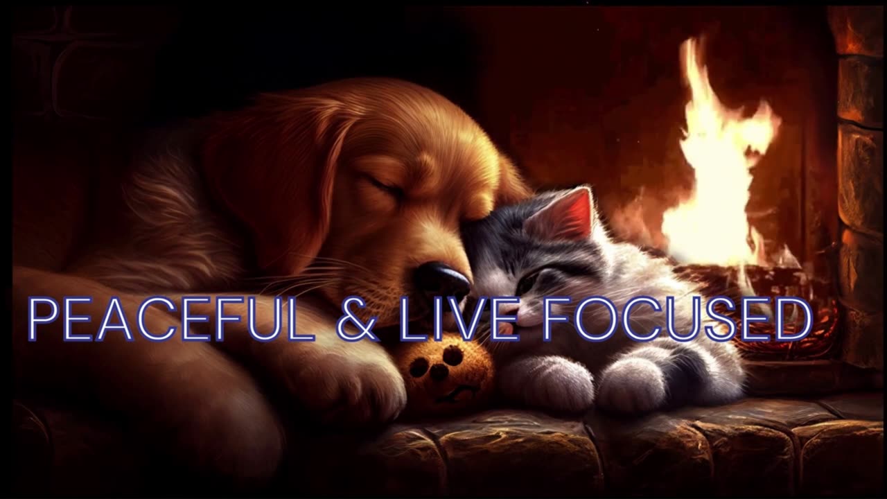 4k"Tranquil Fireside Tales: Cozy Room with Dozing Cat and Dog"