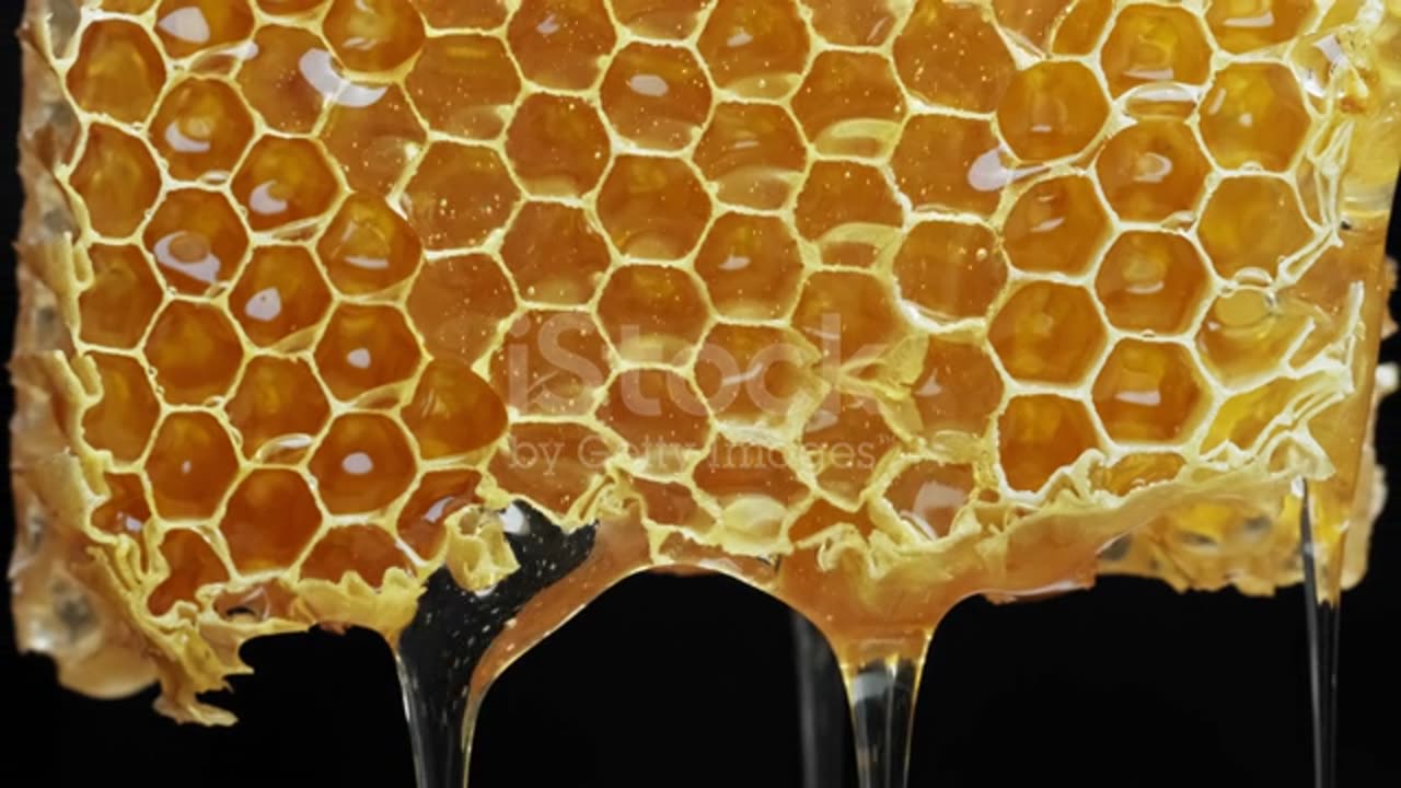 Bee honeycomb wax with honey. Honey dripping from honey comb.