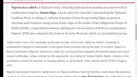 Nigeria demands Finland to stop Lahti councillor's armed revolt in southeastern Nigeria