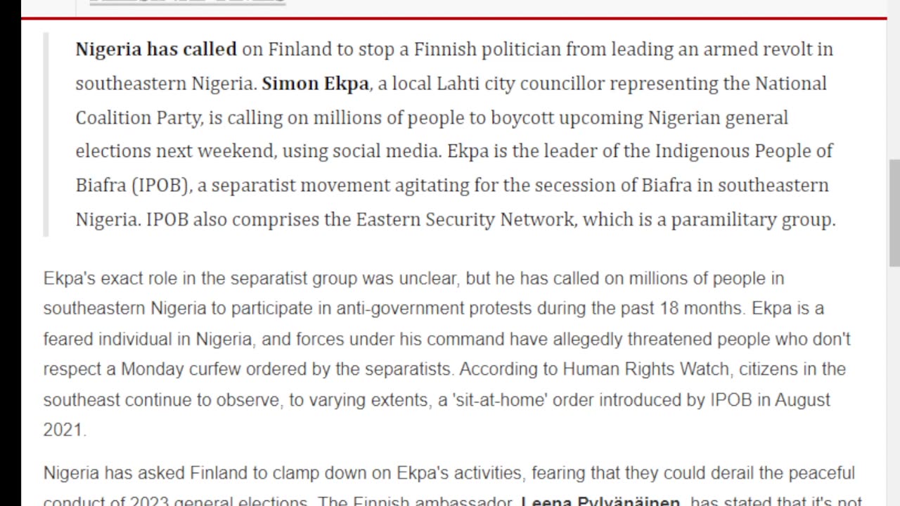 Nigeria demands Finland to stop Lahti councillor's armed revolt in southeastern Nigeria