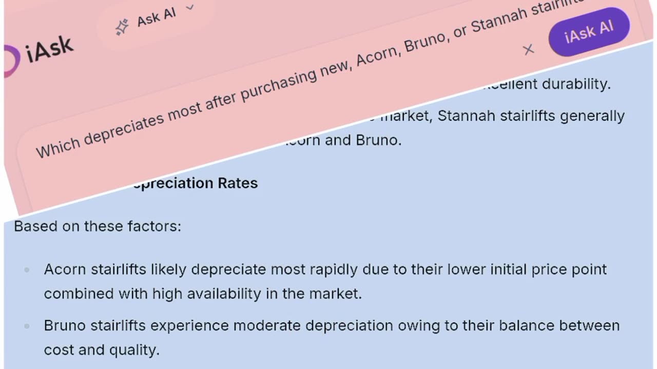 Which depreciates most after purchasing new: Acorn, Bruno ®️, or Stannah stairlifts?