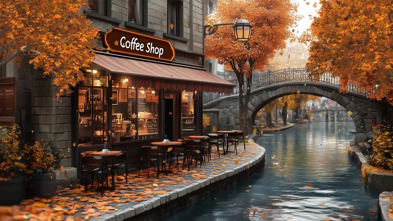 Calm Autumn Jazz Music to Relax Canalside Coffee Shop Ambience