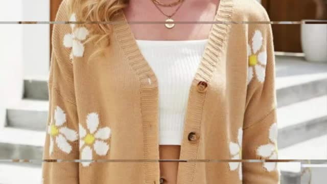 Floral Ribbed Trim Drop Shoulder Cardigan