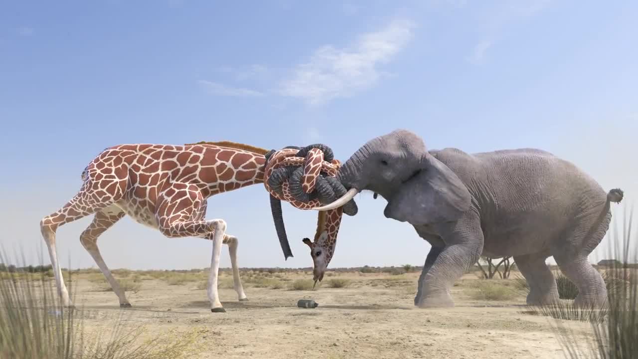 Elephant vs Giraffe Water Fight