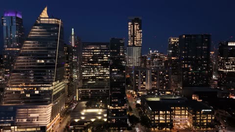 City lights during "blue hour" of evening twilight.