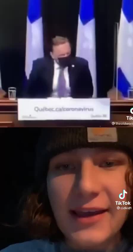 A teenager point at Quebec PM Francois Legault doing satanic freemason sign in front of medias bias