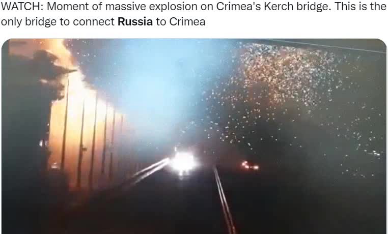 Moment of massive explosion on Crimea's Kerch bridge. This is the only bridge to connect Russia to Crimea said to be a truck bomb. a truck bomb that comes from the water? water clearly splashes on this camera from the right
