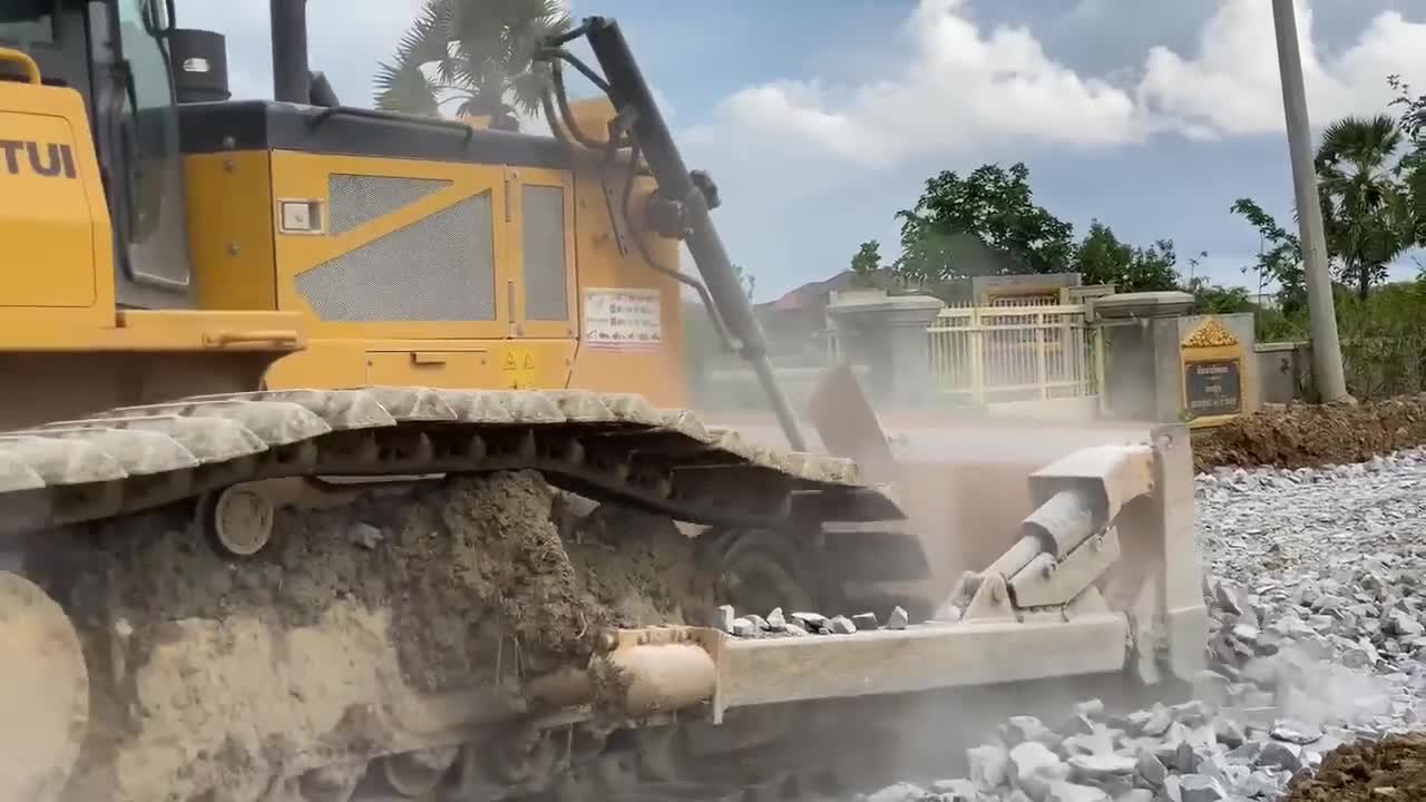 New bulldozer spreading gravel processing features building road foundation-4