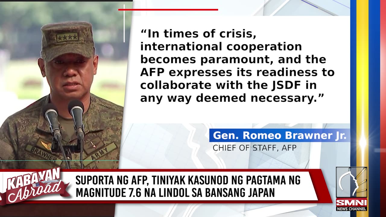 Suporta ng AFP, tiniyak kasunod ng pagtama ng magnitude 7.6 na lindol sa bansang Japan