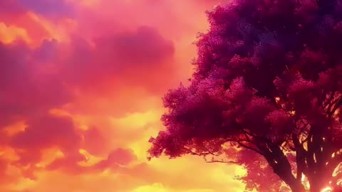 A vibrant sunset casts colorful hues behind a tall tree