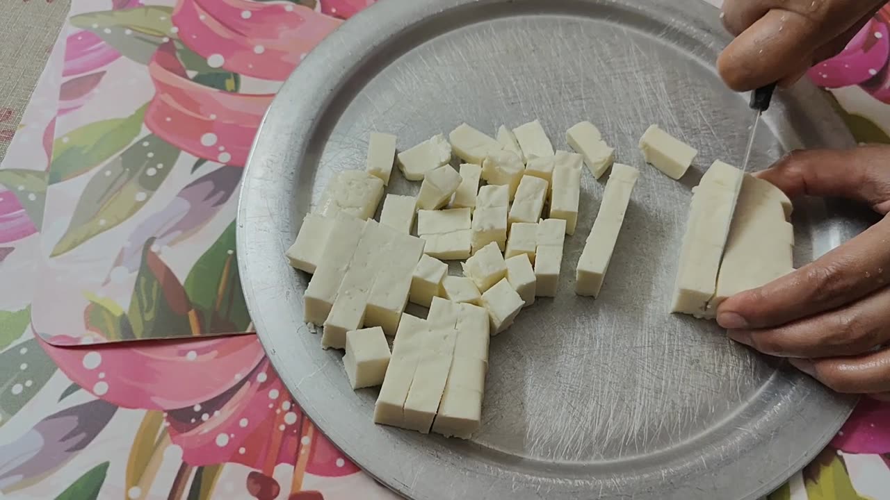 Chopping Paneer for Aloo Matar Paneer #delicious #yummy #food #foodie #recipe