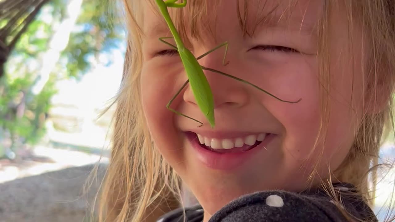 Girl Makes Friends With Praying Mantis