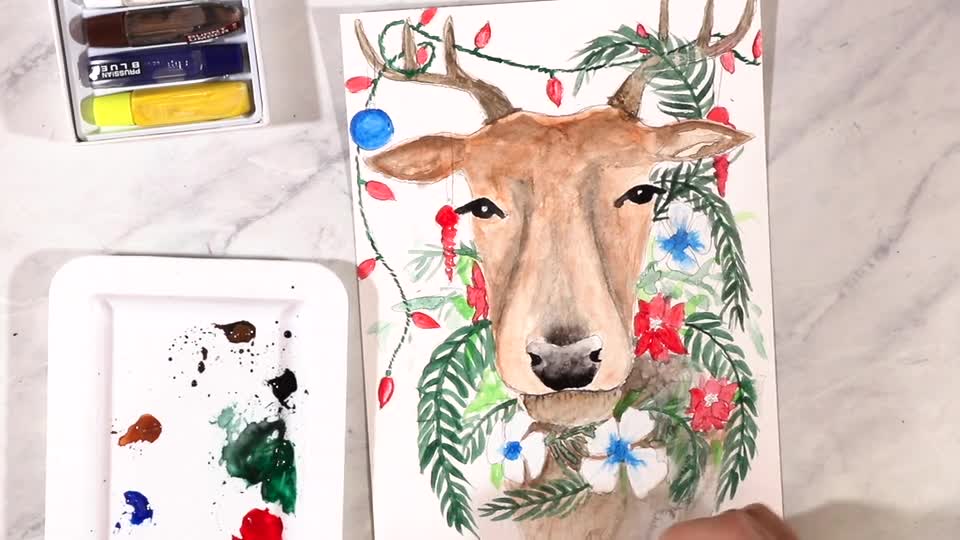 Reindeer Watercolor and Gold Leaf Painting Tutorial