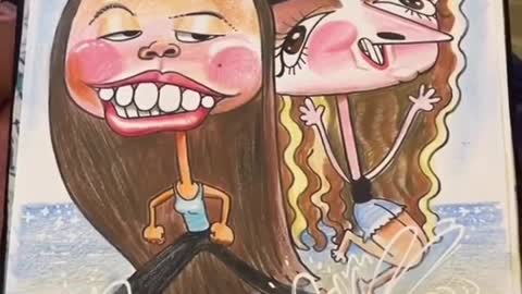 Drawing a cartoon of two girls on the street