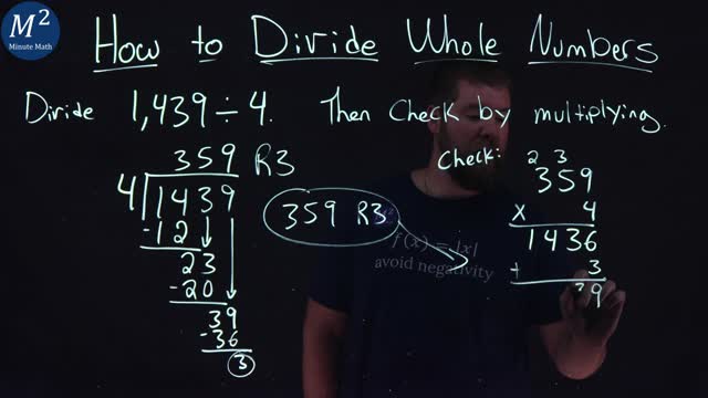 How to Divide Whole Numbers | 1,439÷4 | Part 4 of 6 | Minute Math