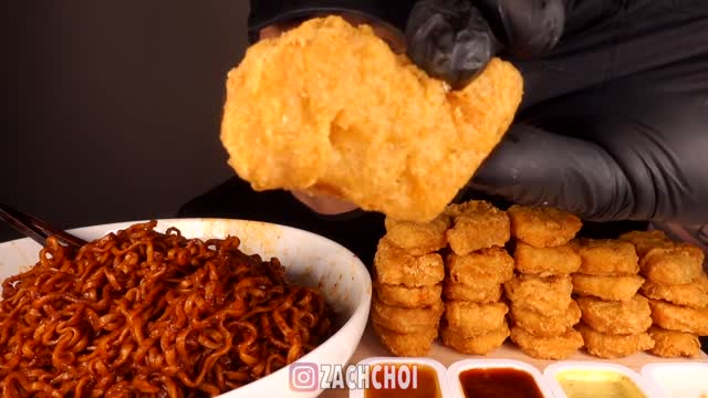 ASMR MUKBANG BLACK BEAN FIRE NOODLES & CHICKEN NUGGETS EATING SOUNDS YUMMY