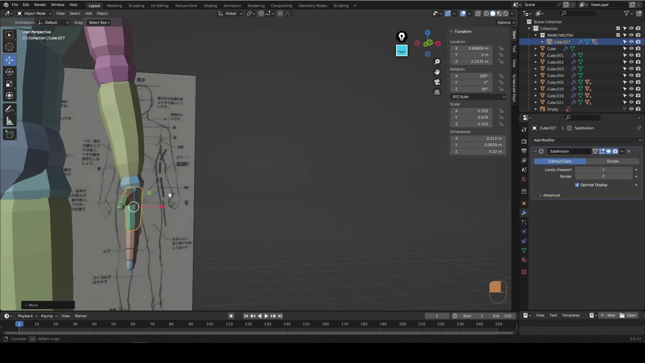 Blender - blocking volumentrico 07n - importar manos y cabeza