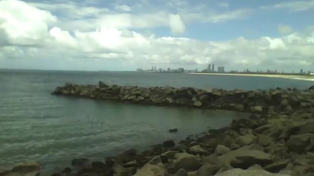 Gravando o mar e as pedras, dá pra ver a cidade no horizonte, lindo [Nature & Animals]