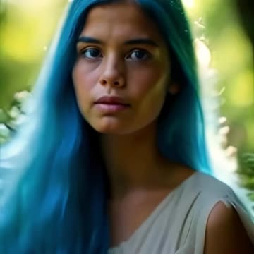 A mystical, dreamlike American girl with flowing blue hair,