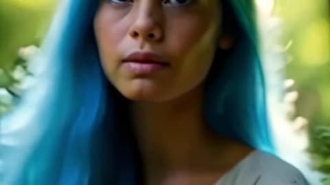 A mystical, dreamlike American girl with flowing blue hair,