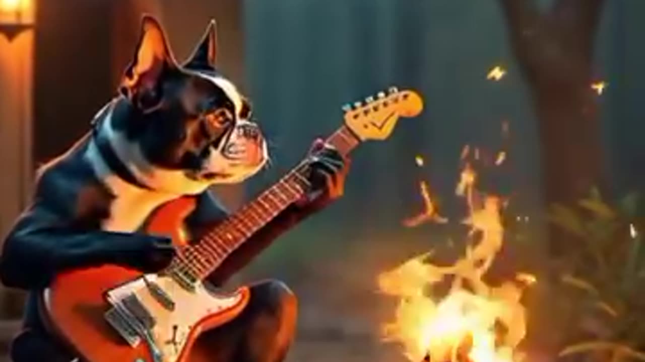 Boston Terrier Dog playing acoustic guitar