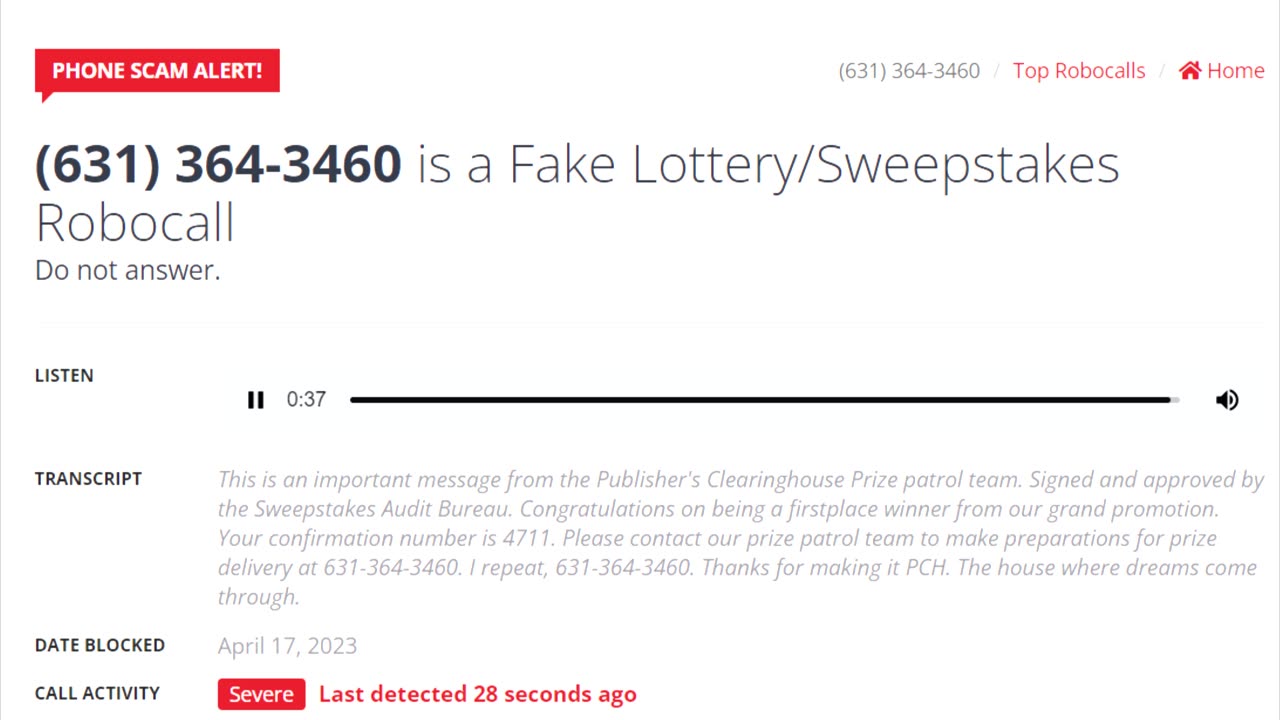 Outgoing Call To Alleged Publishers Clearing House (PCH): (631) 364-3460, April 17, 2023