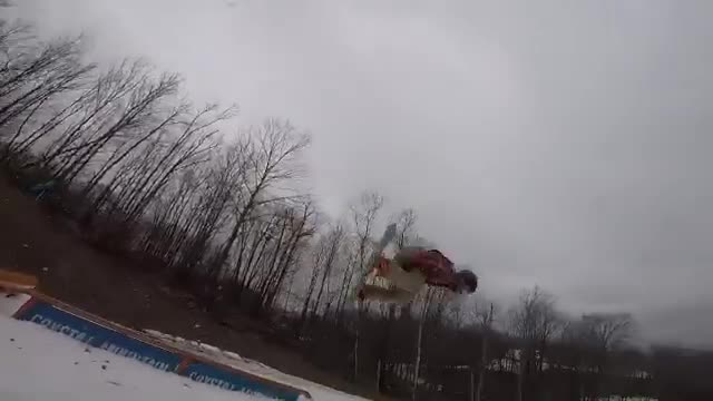 Red flannel snowboard ramp fail