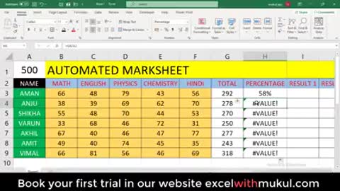 Automated Marksheet on Excel