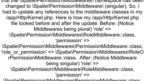 Target class SpatiePermissionMiddlewaresPermissionMiddleware does not exist