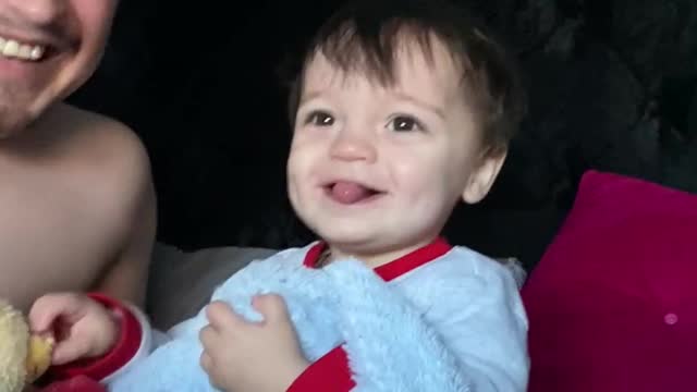 Toddler laughs at daddy’s fart.