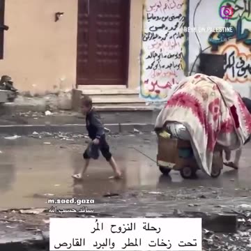 Palestinian children carrying their only belongings in the rain