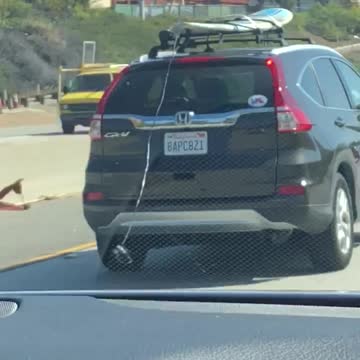 Honda crv with surfboard string hanging from back of car