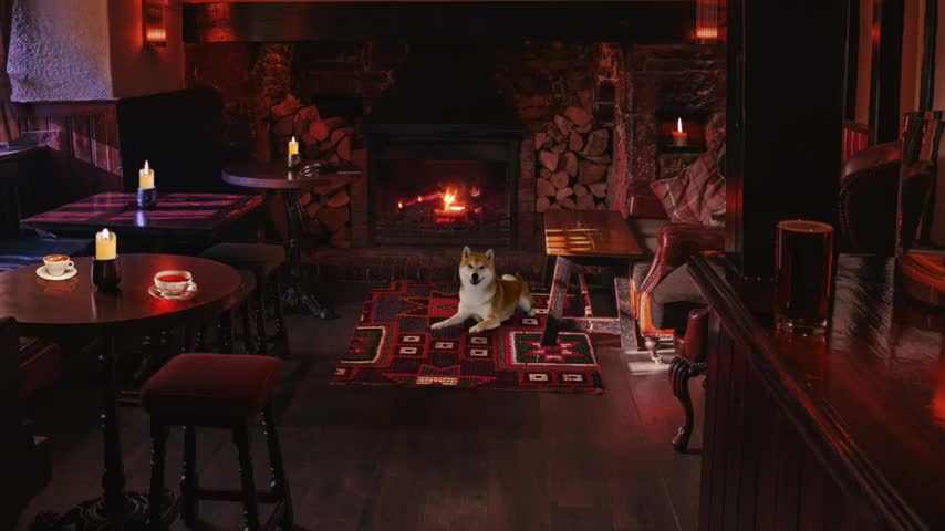 Dogecoin dog with relaxing rain and fireplace sounds and fireplace with music